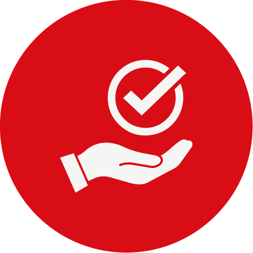 Icon Asistencia personalizada Un círculo rojo con un icono blanco de una mano levantando un signo de verificación.