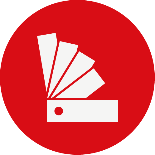 Icon Marcas Fuertes Un círculo rojo con un icono blanco de muestras de color abiertas.