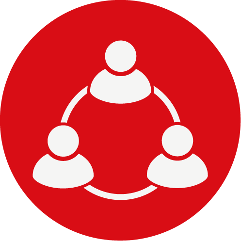 Icon Asesoramiento integral Un círculo rojo con un icono blanco de tres personas conectadas entre sí.