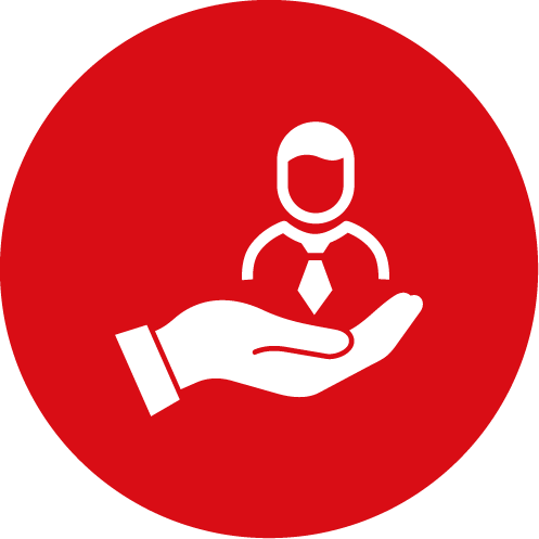 Círculo rojo con una mano sosteniendo a un empleado