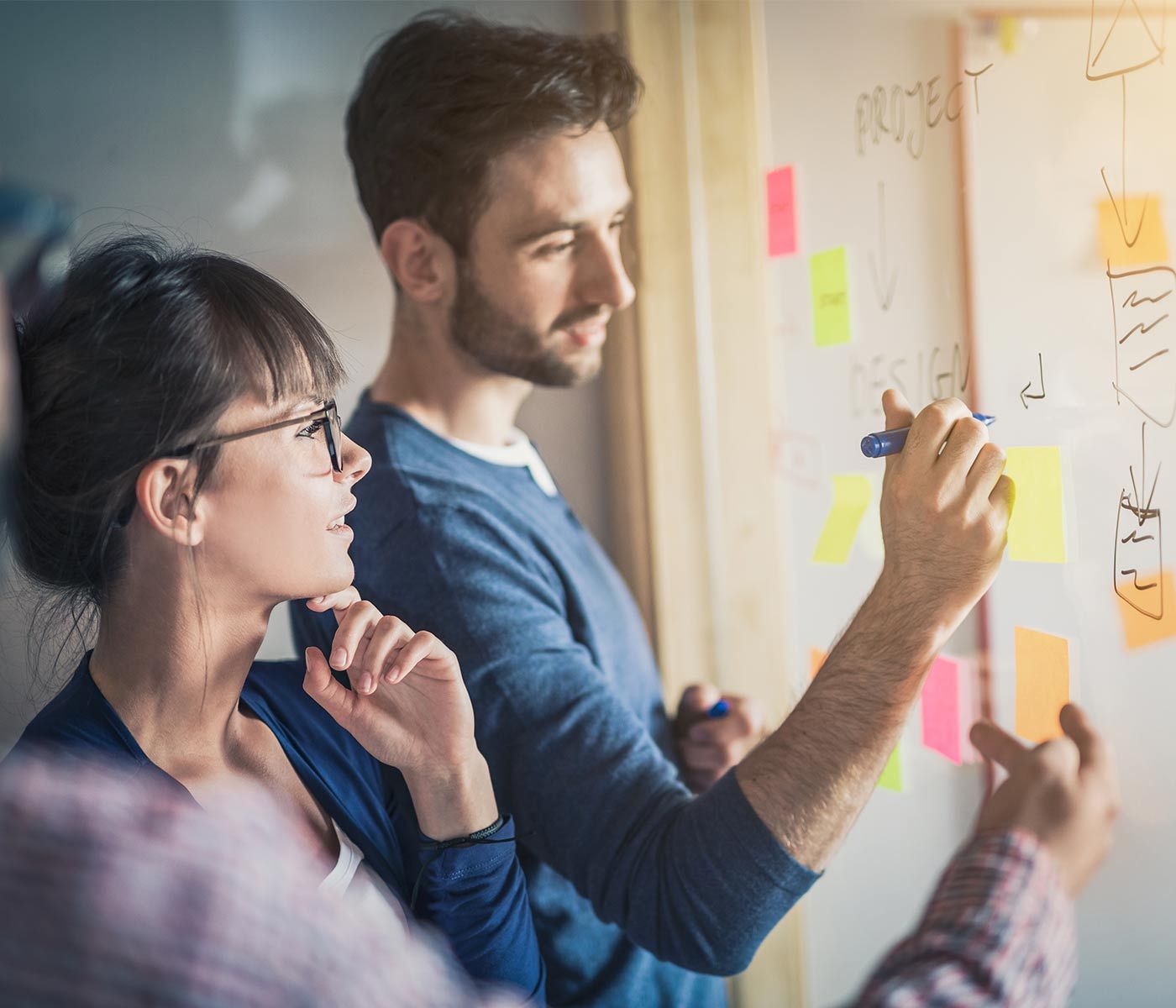 Una mujer y un hombre crean un mapa mental en una pizarra blanca.